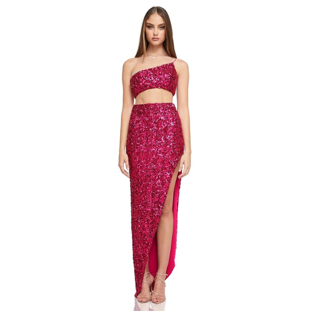 NWT Nookie Sz S/M Pink Sequined Crop Top Skirt Party Cocktail Dress 2 Piece Set